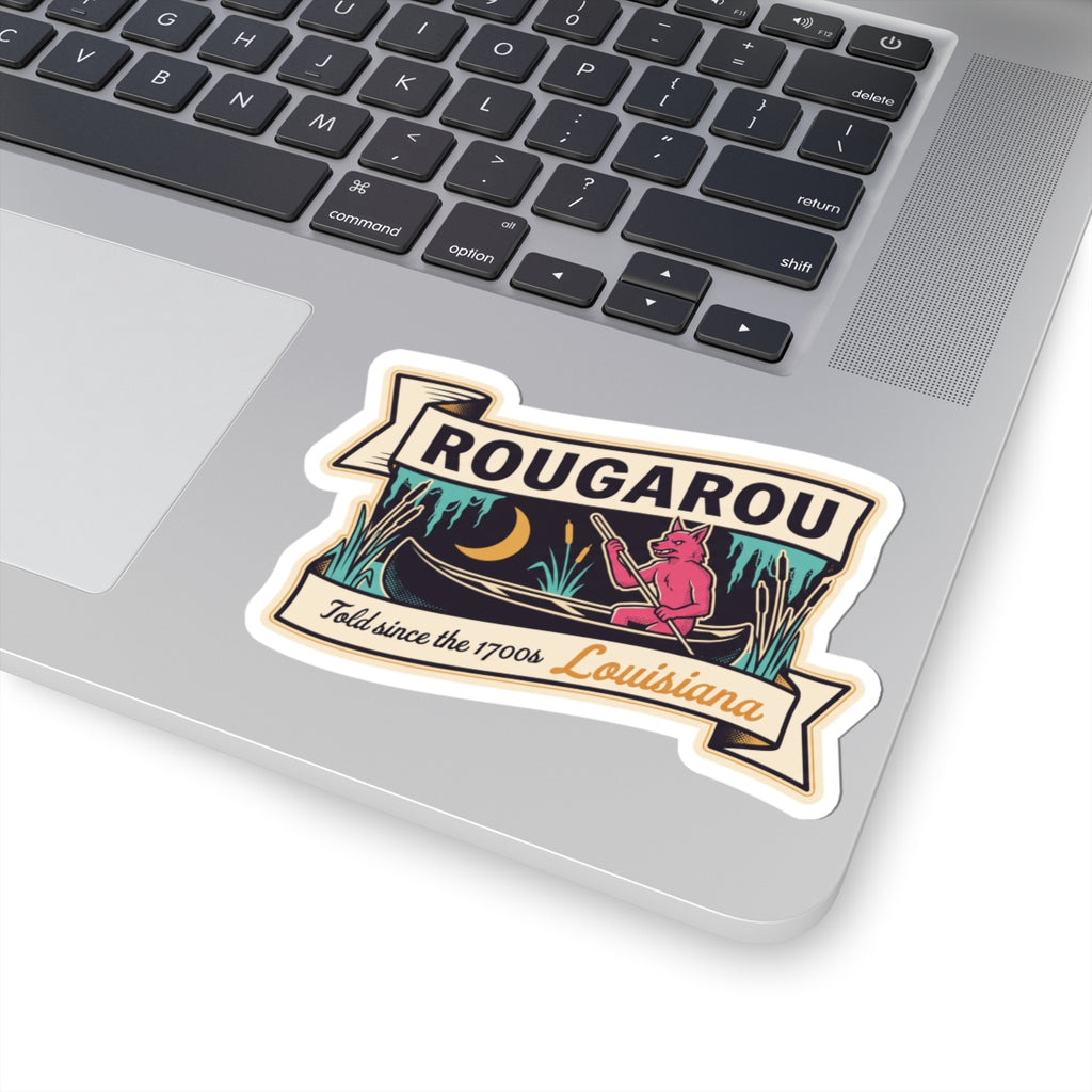 Rougarou bayou canoe sticker with red creature and “Told since the 1700s” wording