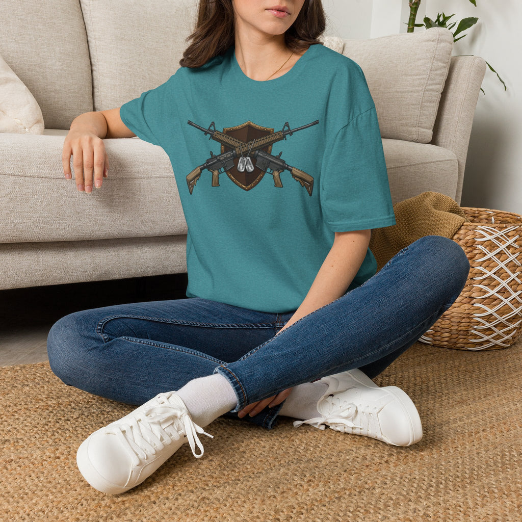 Teal crewneck t-shirt with crossed rifles shield graphic on the chest