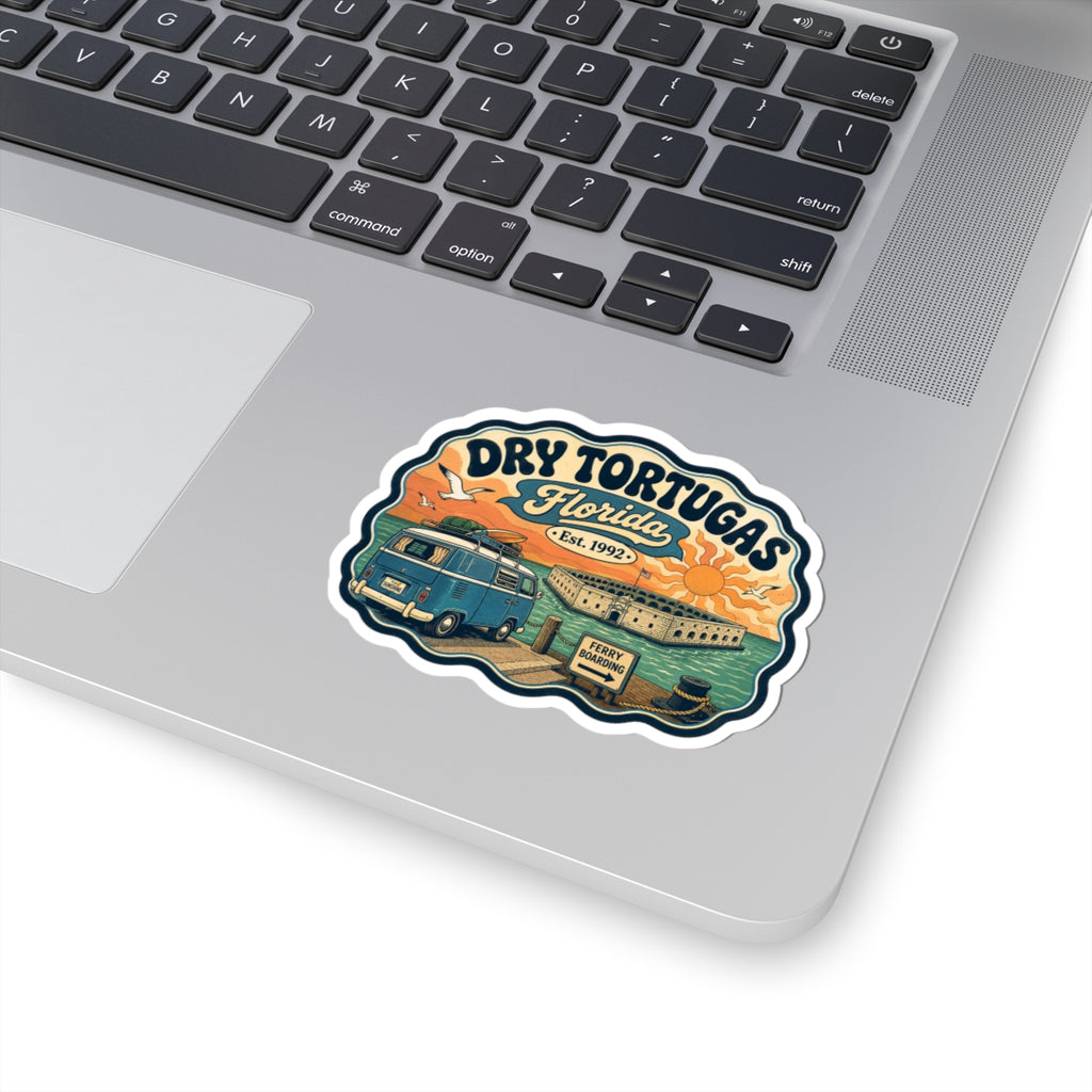 Dry Tortugas National Park sticker placed on laptop: teal camper van, fort, ferry boarding sign