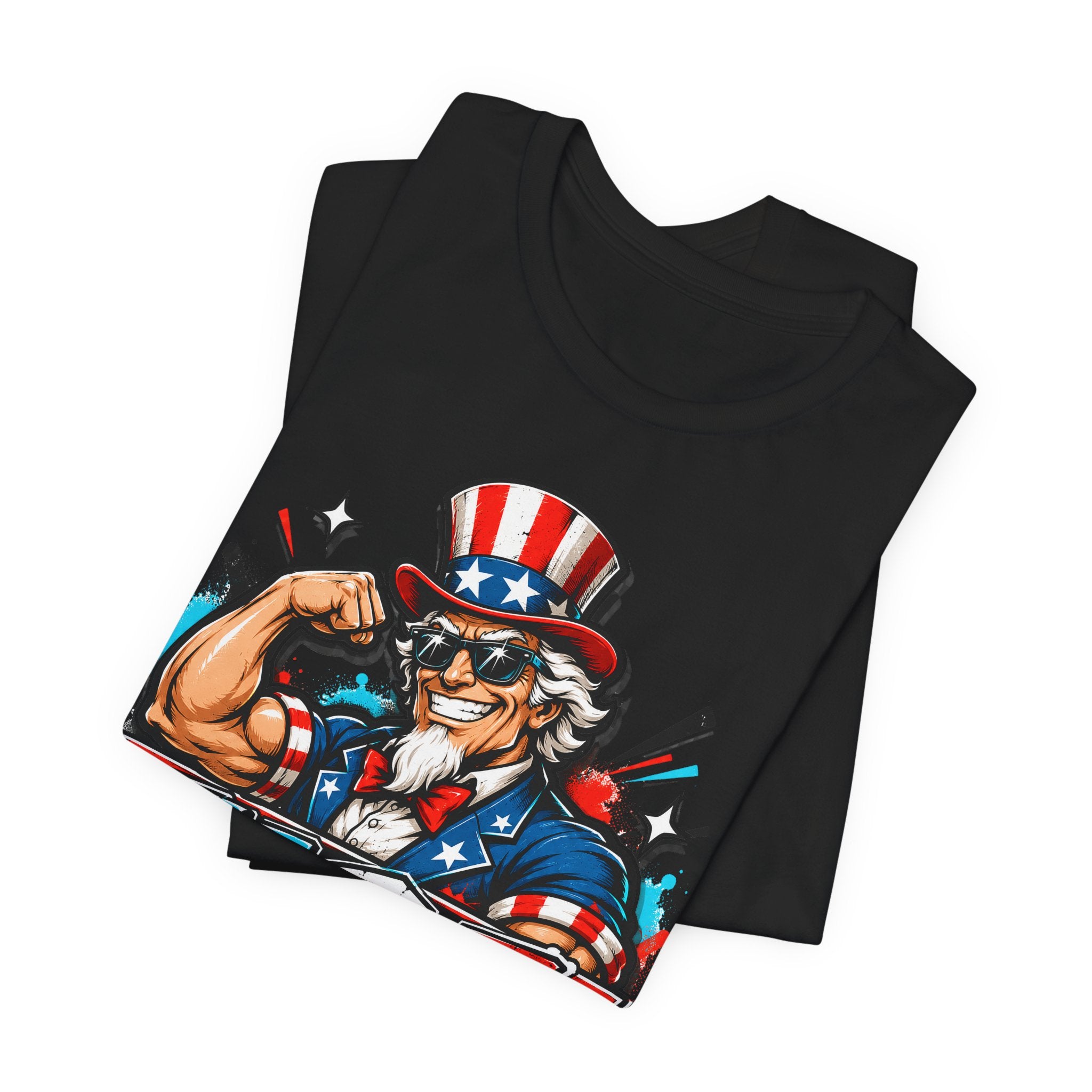 Men's black graphic T-shirt with Uncle Sam fist pose and USA patriotic print