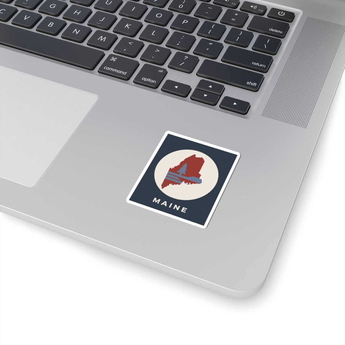 Square Maine silhouette kiss-cut sticker with retro coastal map graphic