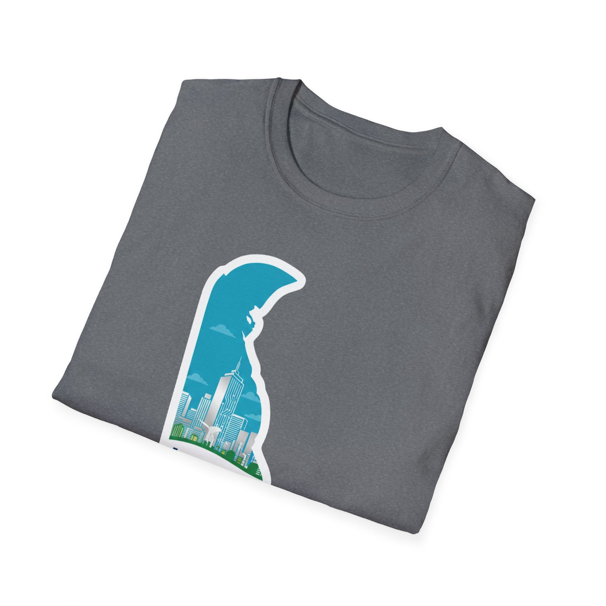 Heather gray T-shirt with Delaware state silhouette graphic