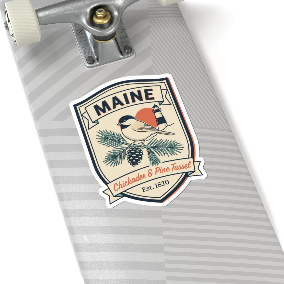 Maine kiss-cut sticker featuring bird, lighthouse, and “Est. 1820”