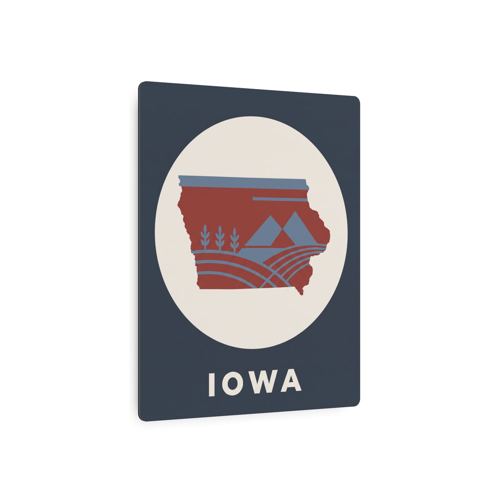 Dark blue metal wall sign with circular Iowa emblem, red state silhouette, and 'IOWA'