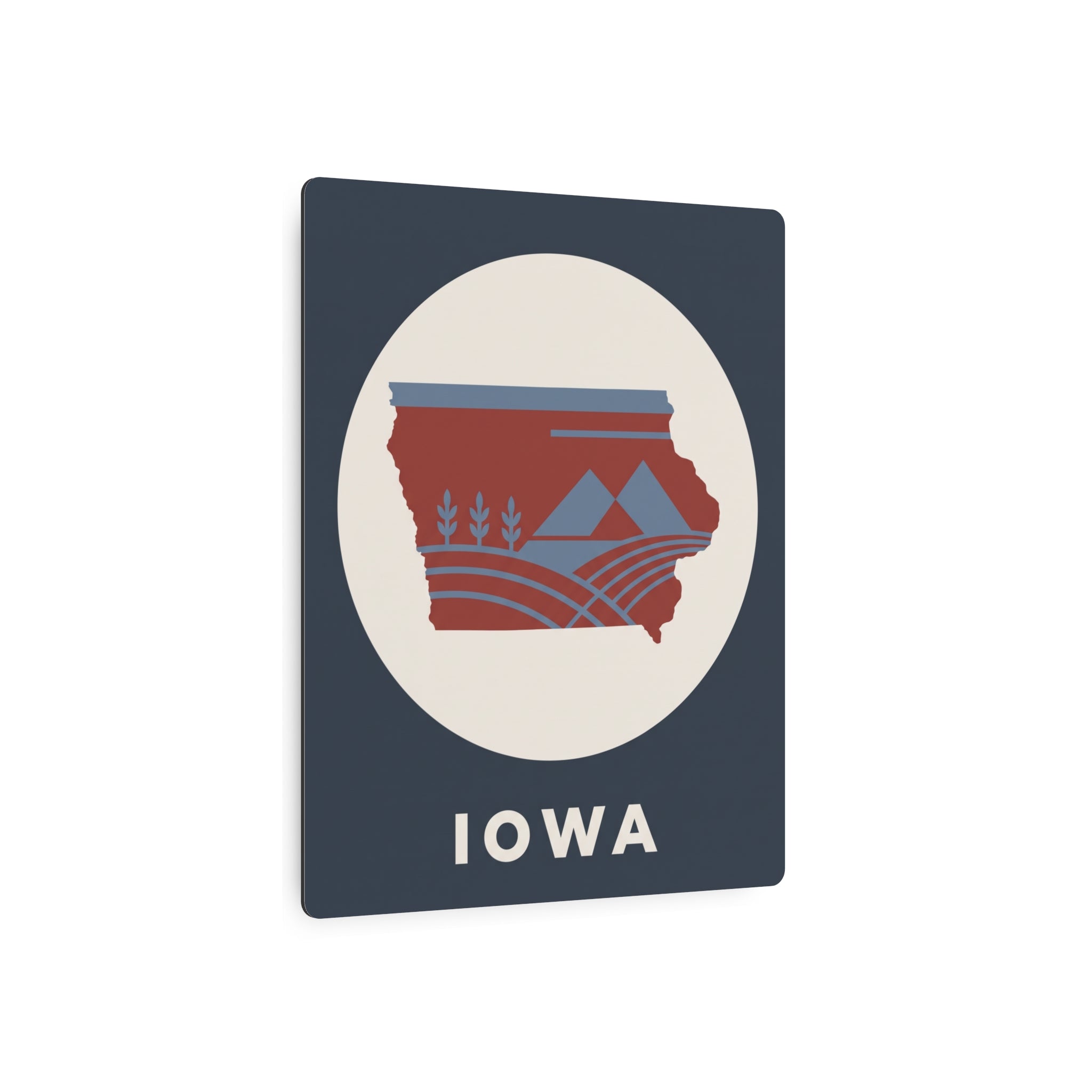 Dark blue metal wall sign with circular Iowa emblem, red state silhouette, and 'IOWA'