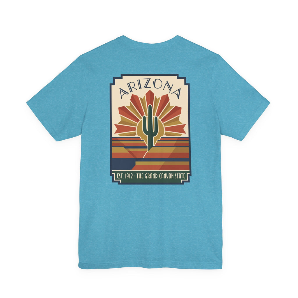 Light aqua t-shirt with Arizona cactus art graphic in striped sunset rays