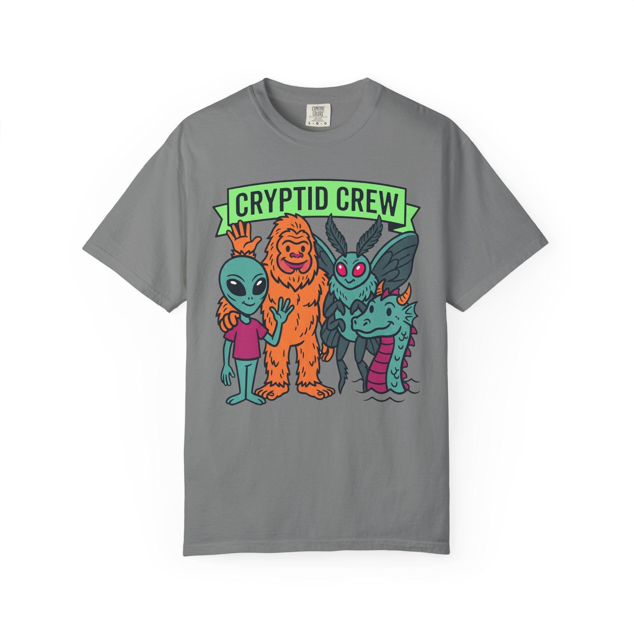 Gray crew neck t-shirt with “CRYPTID CREW” cartoon cryptid group graphic
