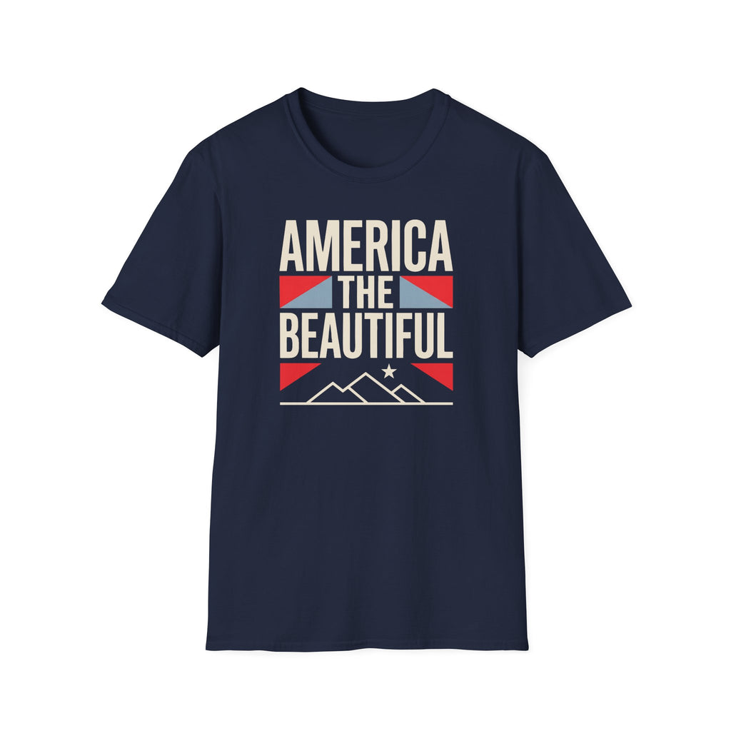 Navy crewneck T-shirt with “AMERICA THE BEAUTIFUL” graphic and flag design.