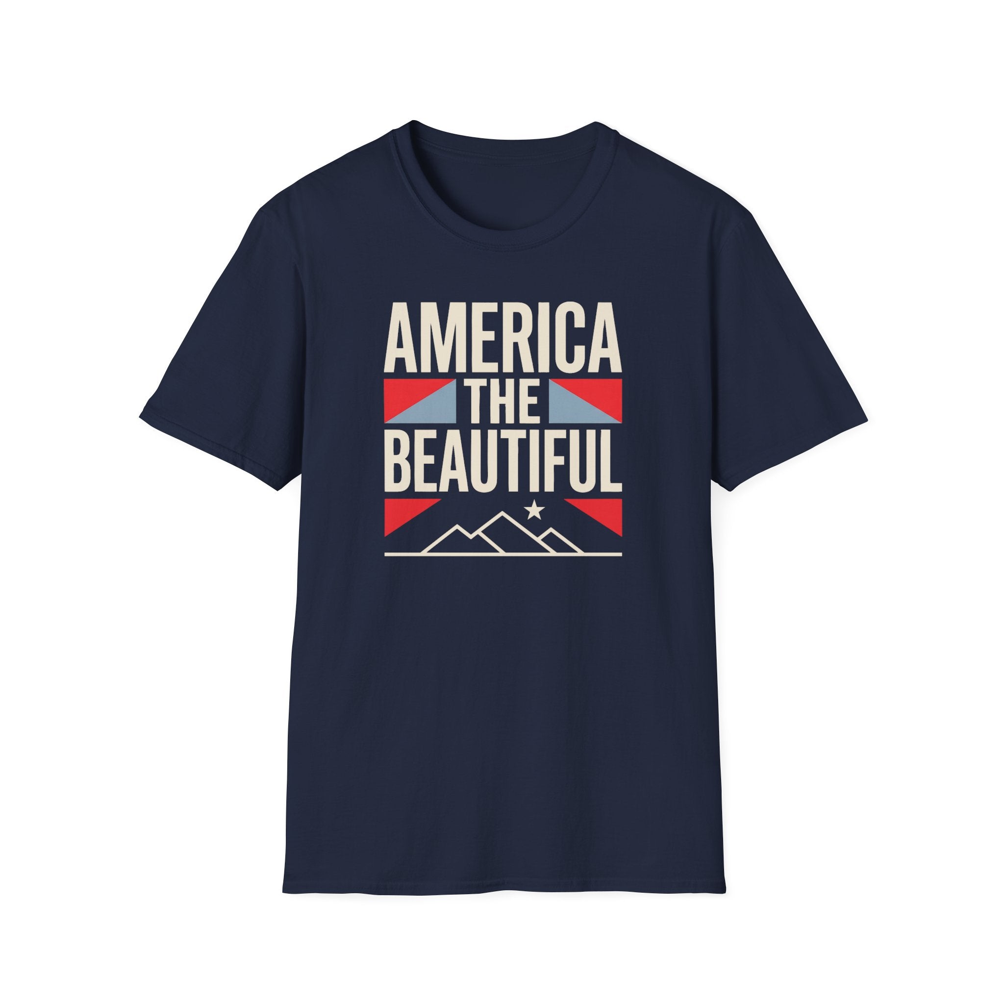 Navy crewneck T-shirt with “AMERICA THE BEAUTIFUL” graphic and flag design.