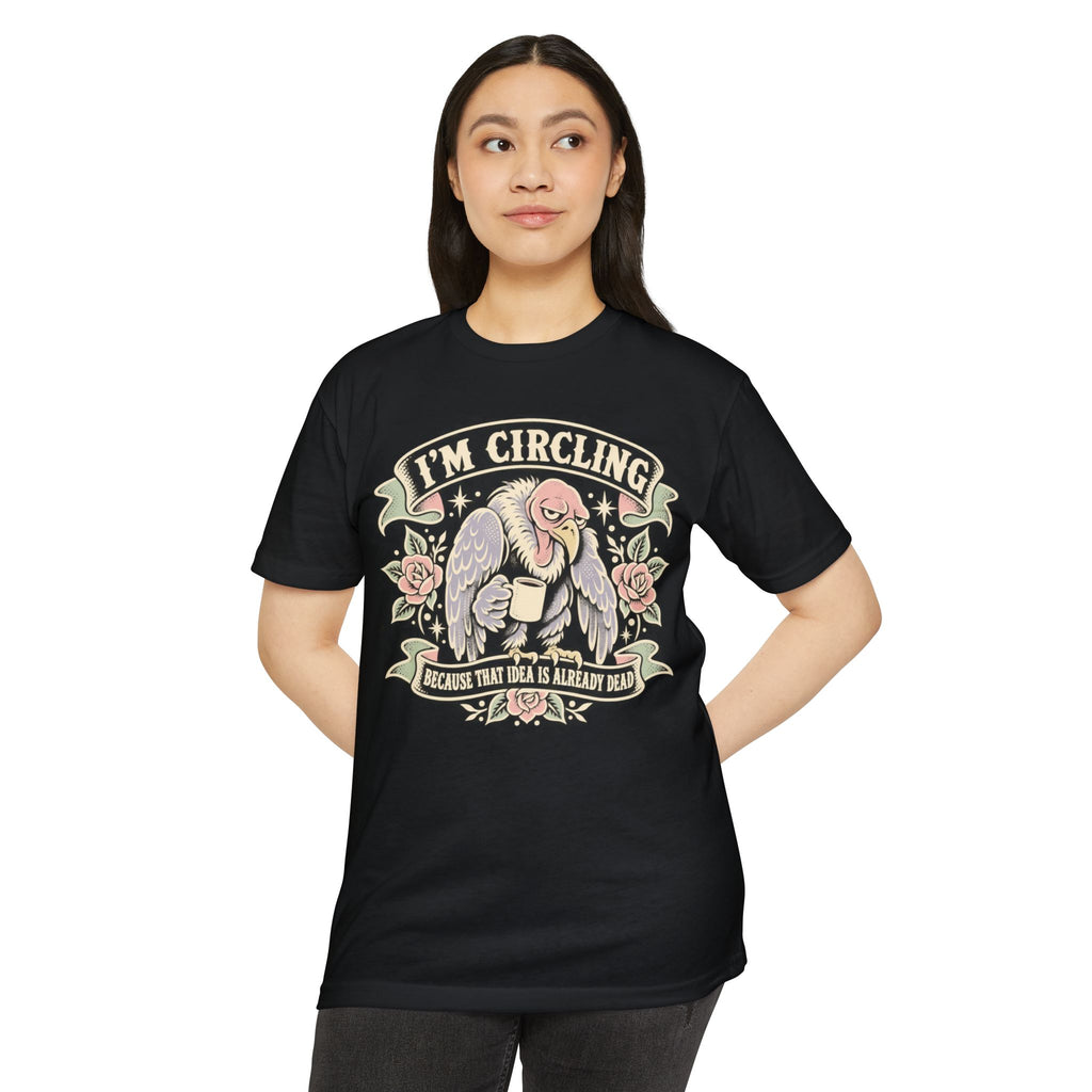 Black graphic T-shirt with vulture and roses, 'I'M CIRCLING' slogan