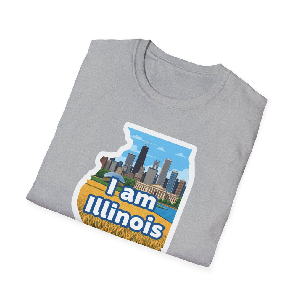Sport Grey T-shirt with I am Illinois map skyline and farmland graphic