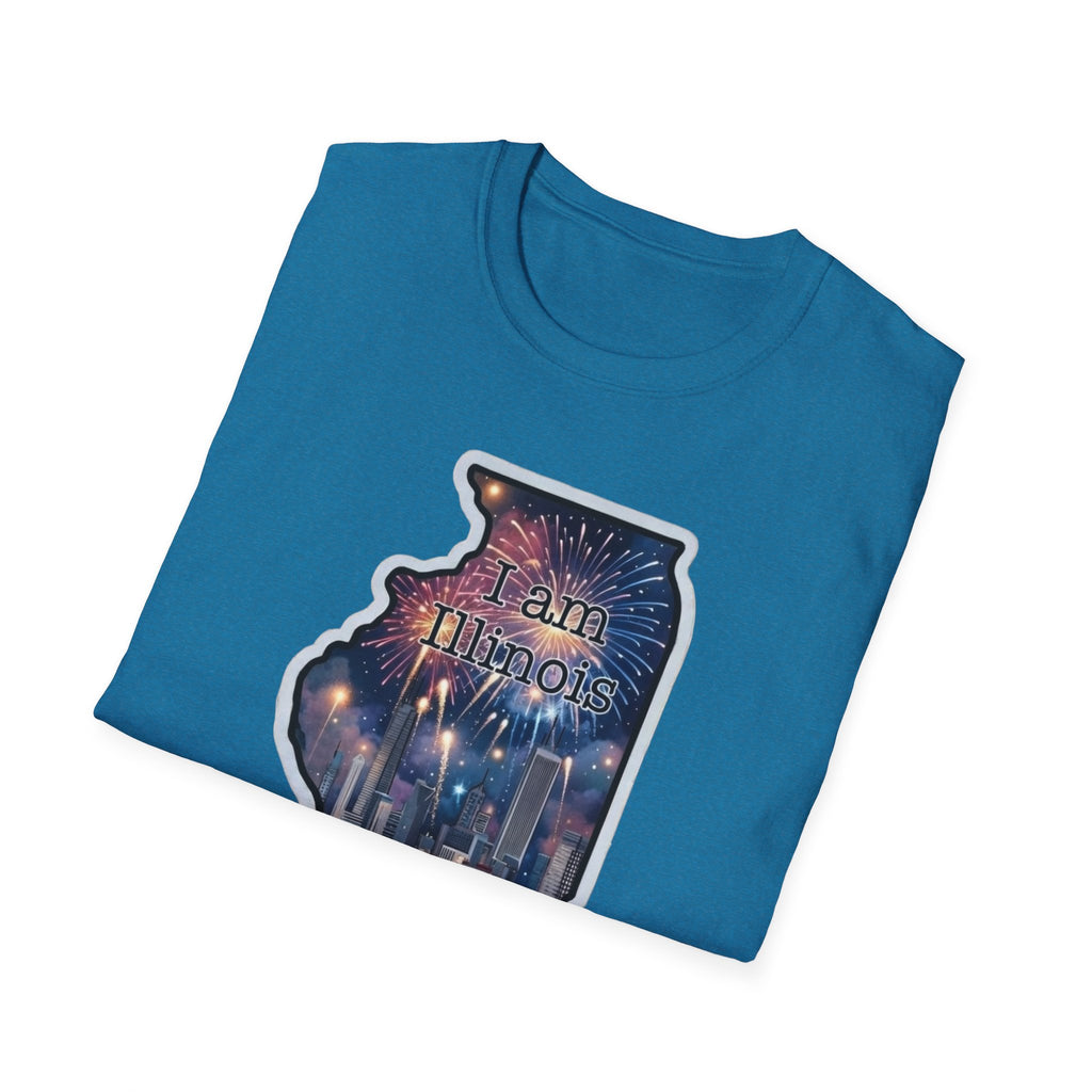 Illinois state map skyline T-shirt, teal with “I am Illinois” fireworks graphic