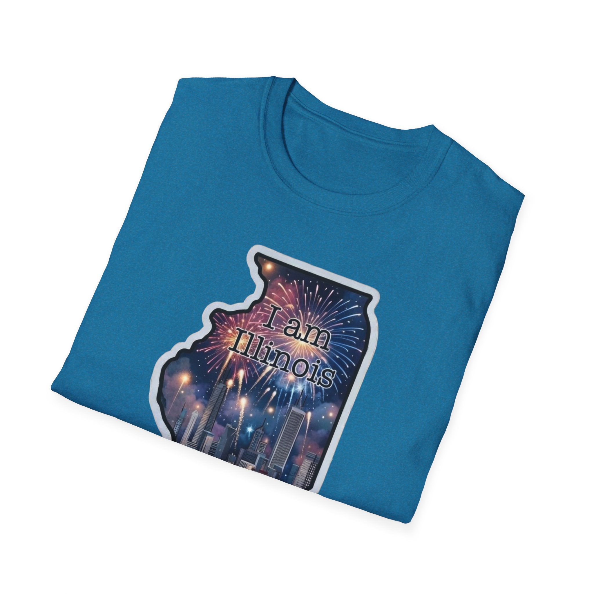 Illinois state map skyline T-shirt, teal with “I am Illinois” fireworks graphic