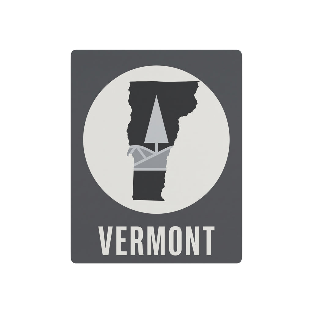 Square Vermont metal wall art with circular pine-tree silhouette and “VERMONT” text.