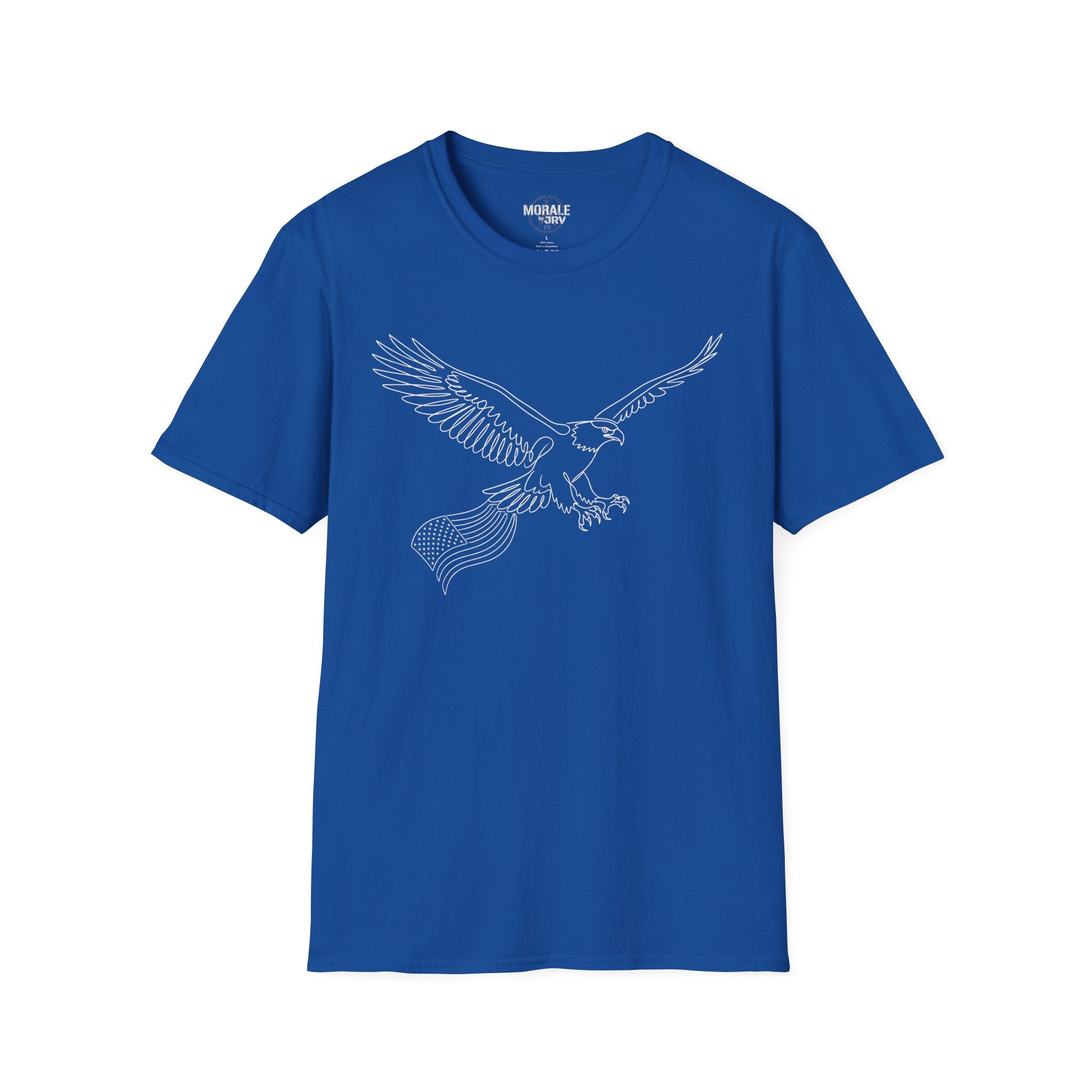 Royal blue t-shirt with minimalist eagle line-art outline graphic on front.