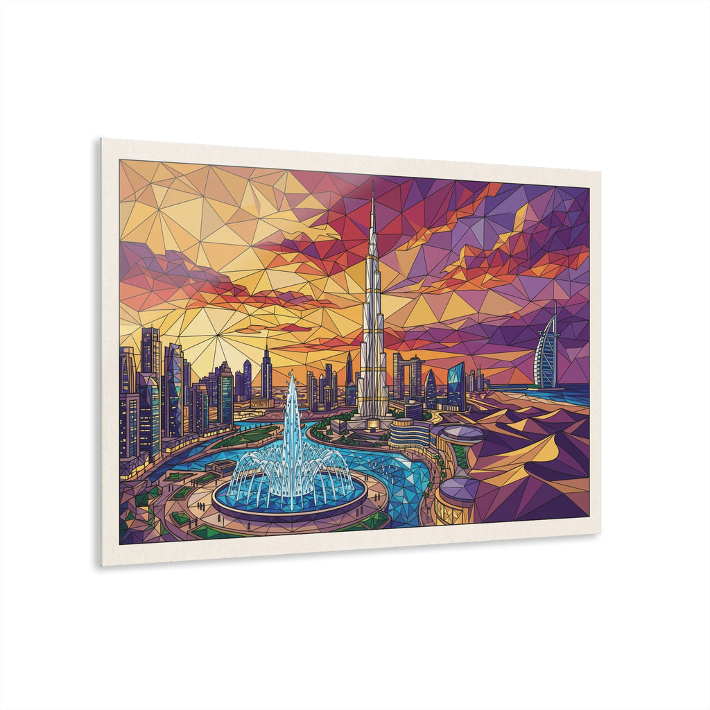Framed geometric Dubai skyline acrylic print with bright fountain and sunset color blocks