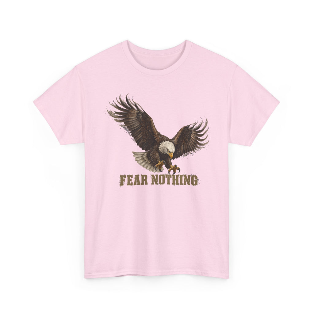 Light pink crewneck T-shirt with eagle graphic and “FEAR NOTHING”
