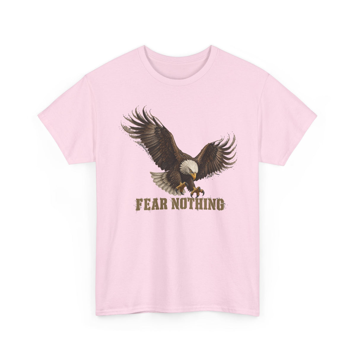 Light pink crewneck T-shirt with eagle graphic and “FEAR NOTHING”