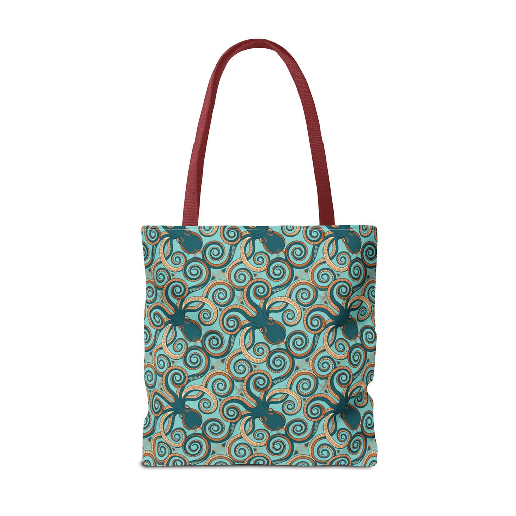 Octopus swirl tote bag with teal and turquoise all-over pattern, burgundy handles.