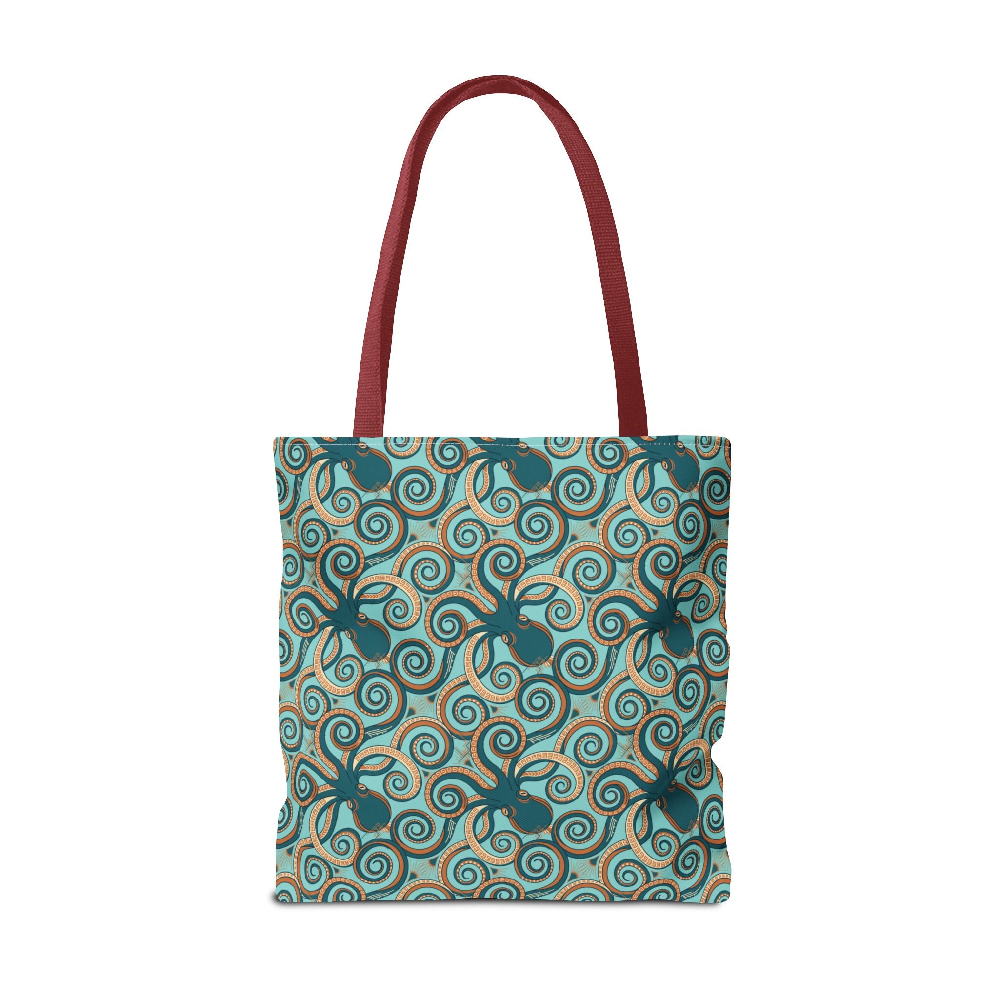 Octopus swirl tote bag with teal and turquoise all-over pattern, burgundy handles.