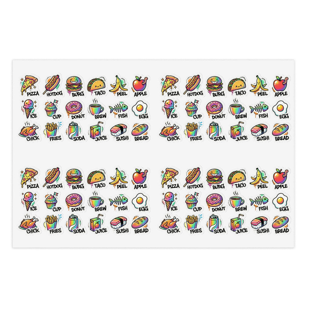 Food icon sticker sheet with mini snacks: pizza, hotdog, taco, fish, egg