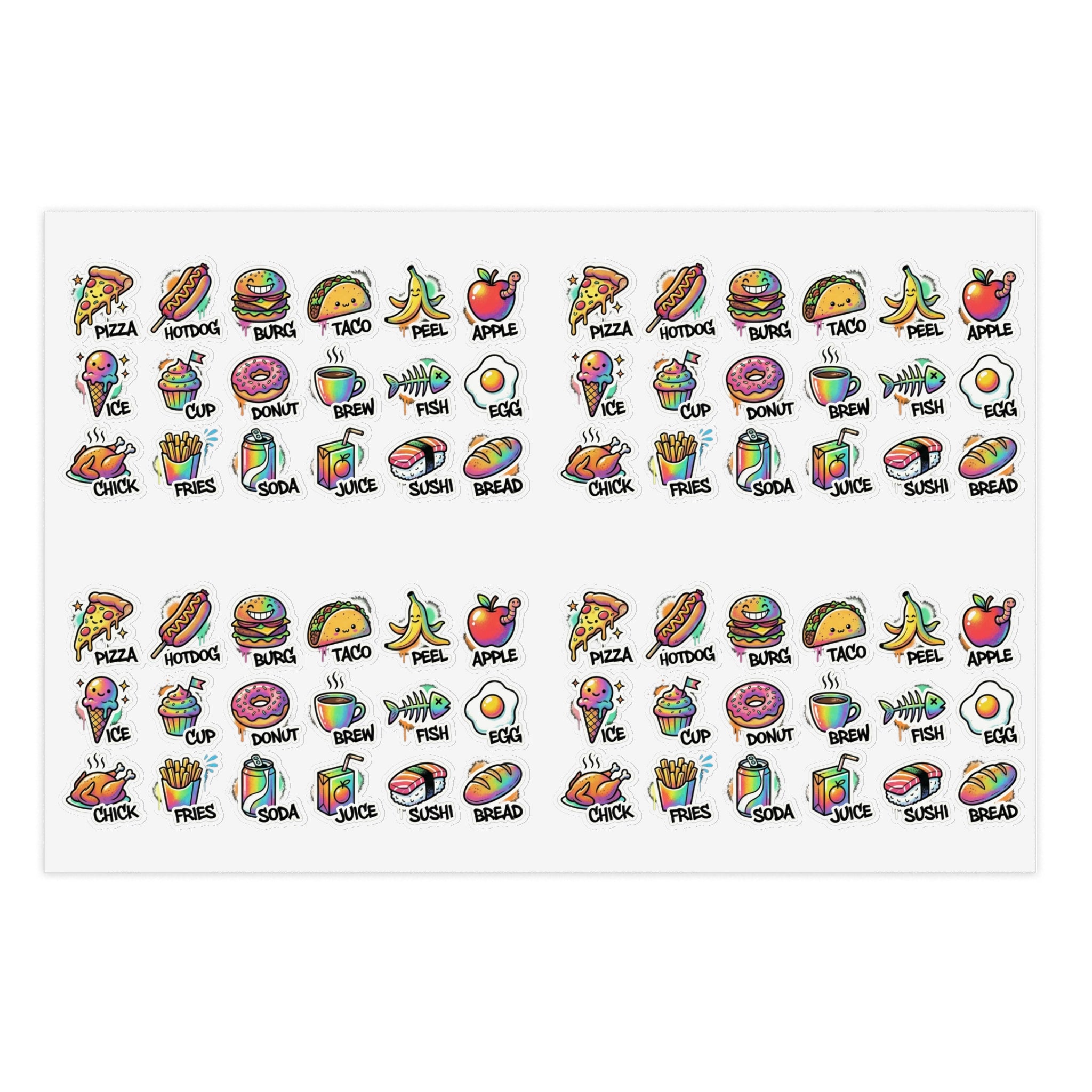 Food icon sticker sheet with mini snacks: pizza, hotdog, taco, fish, egg