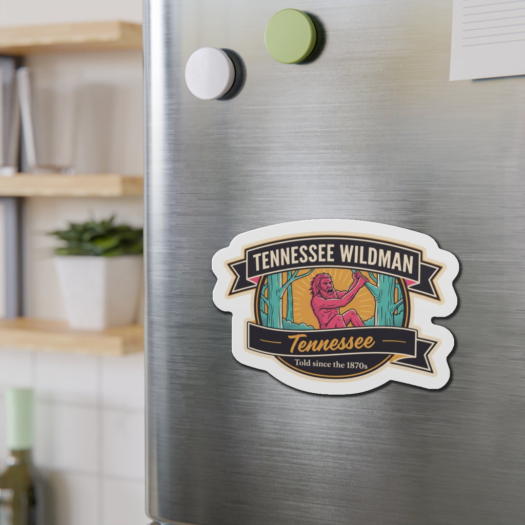 Die-cut Tennessee Wildman magnet badge centered on stainless steel refrigerator