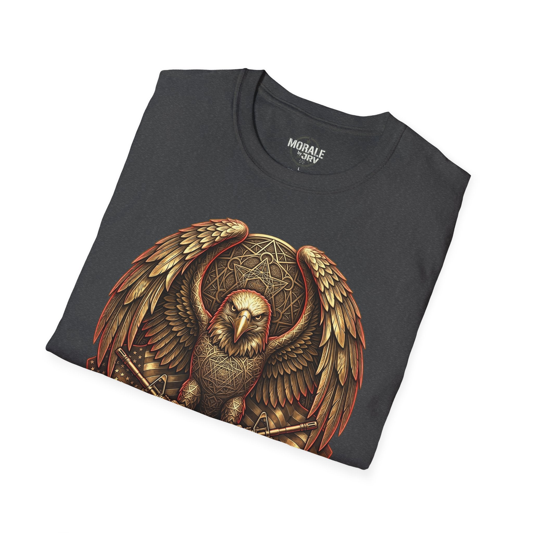 Dark heather Owl Shield Emblem T-Shirt with warrior owl shield graphic front