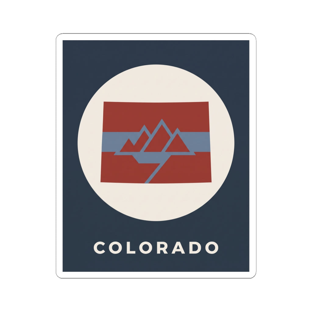 Square Colorado sticker with 'COLORADO' lettering and red-blue mountain emblem