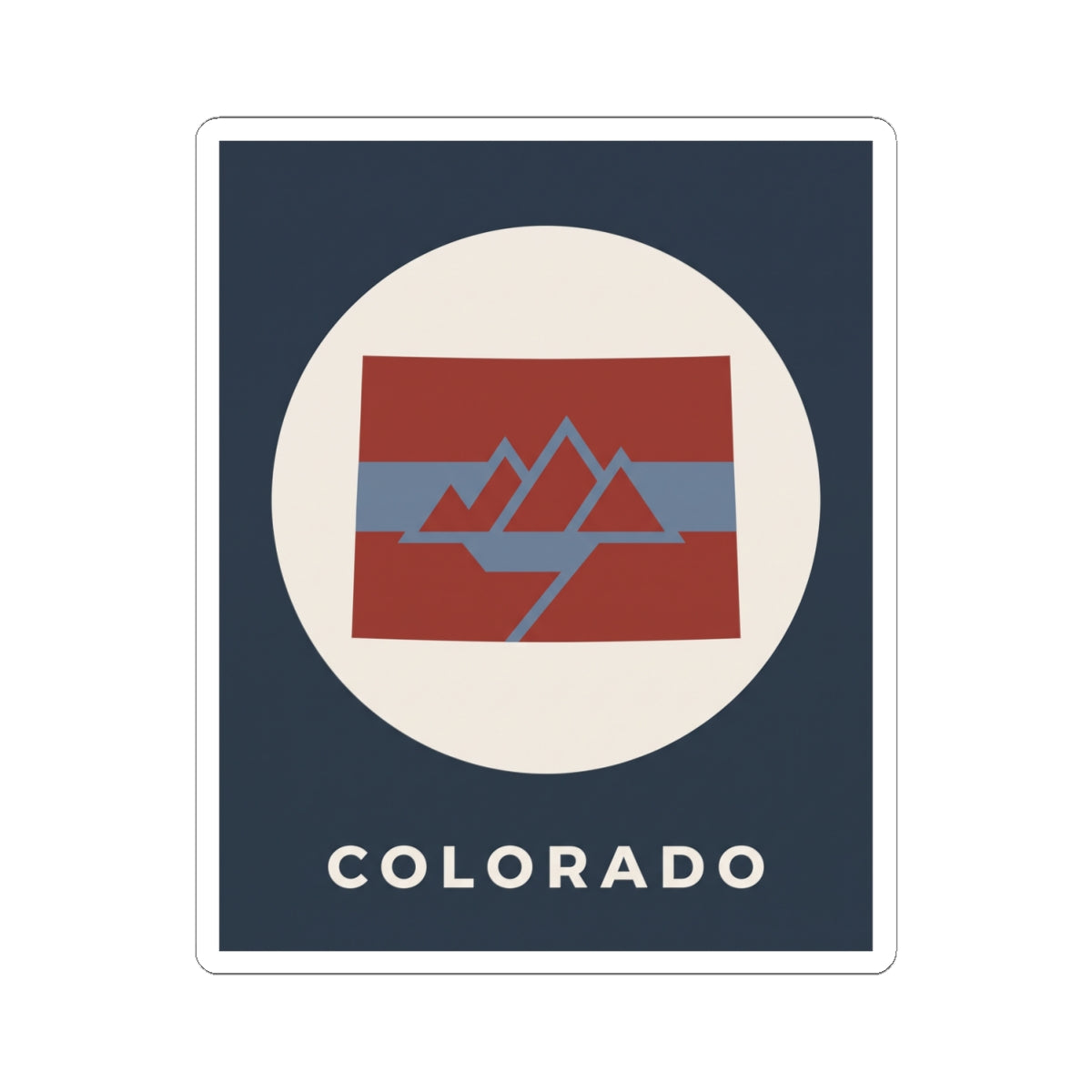 Square Colorado sticker with 'COLORADO' lettering and red-blue mountain emblem