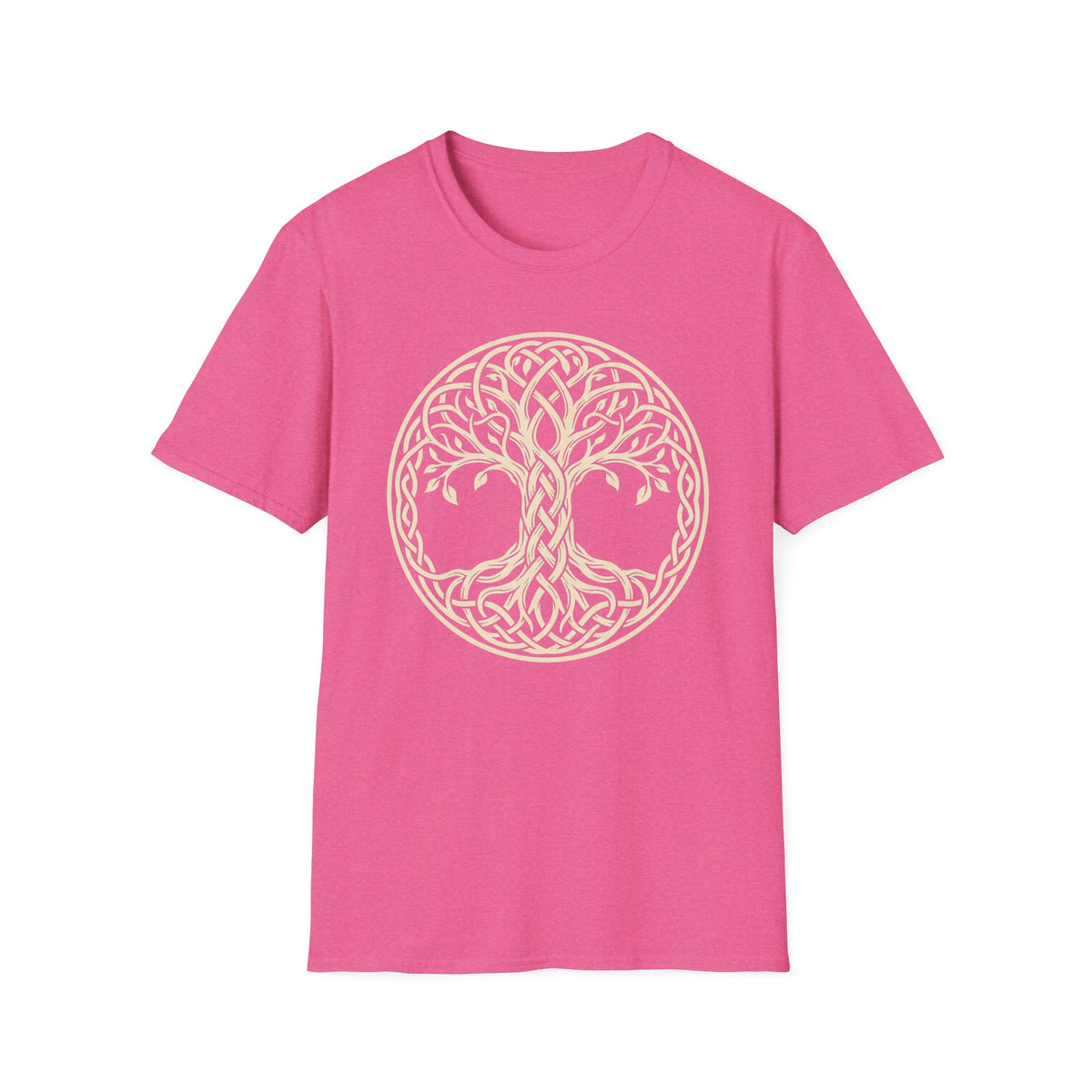 Bright pink Celtic Tree of Life t-shirt with light pink circular tree-of-life knotwork