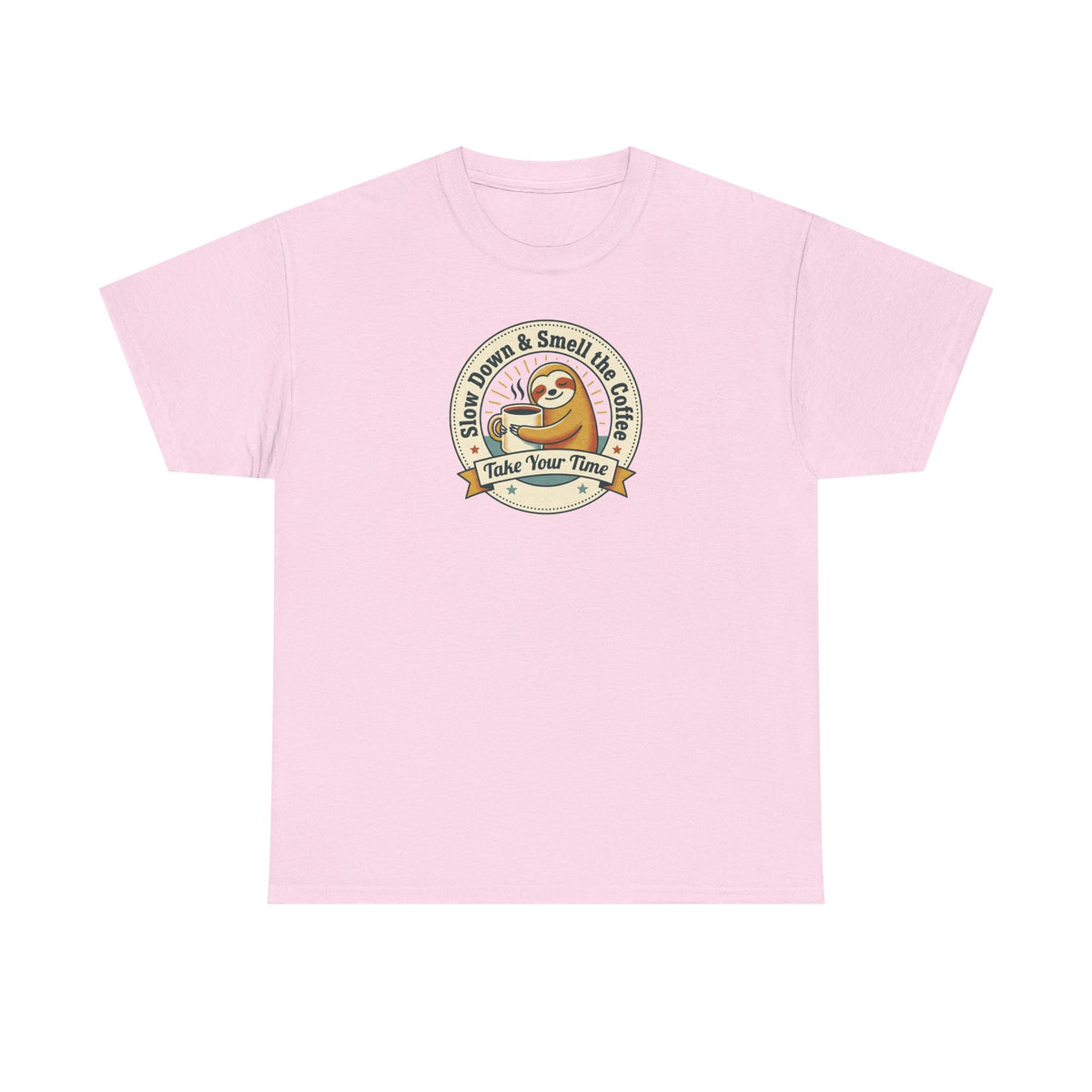 Light pink sloth graphic T-shirt with round “Take Your Time” badge logo on chest