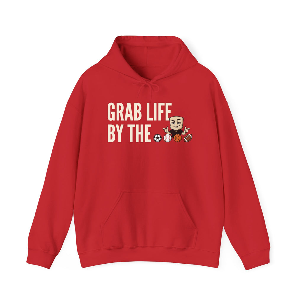 Red hoodie with front pocket and hood, “GRAB LIFE BY THE” sports ball graphic