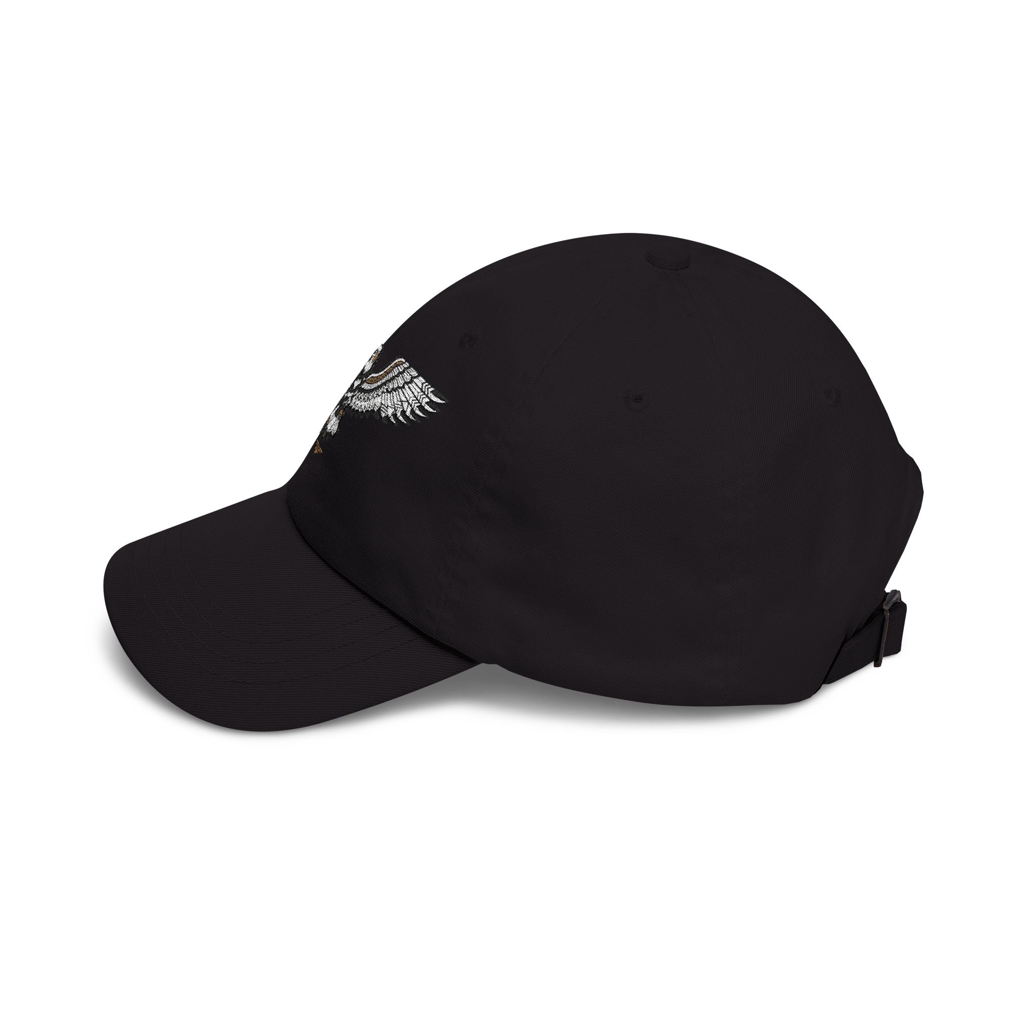 Black dad cap with partial embroidered eagle on side panel