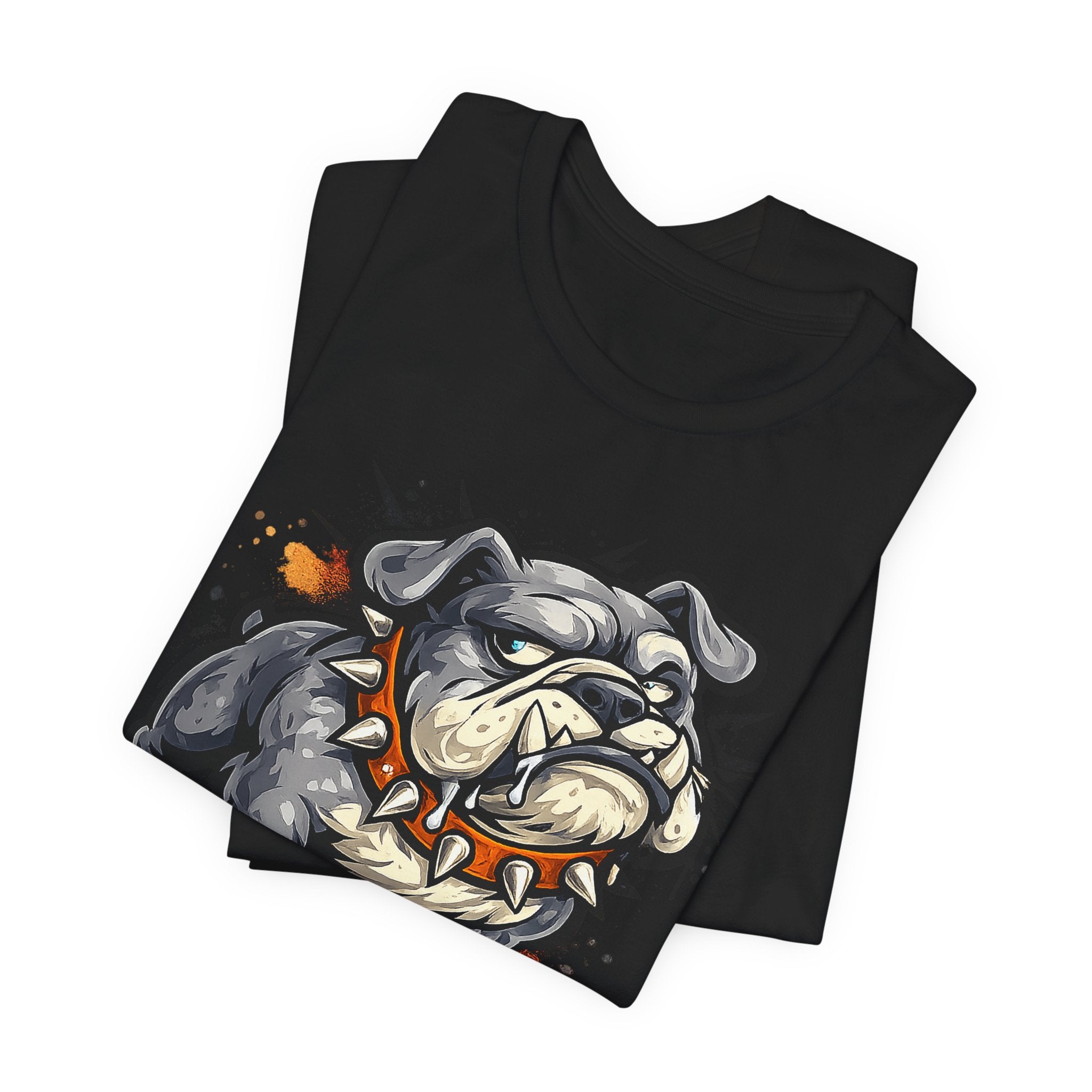 Black t-shirt with snarling bulldog head graphic in gray, tan, and orange