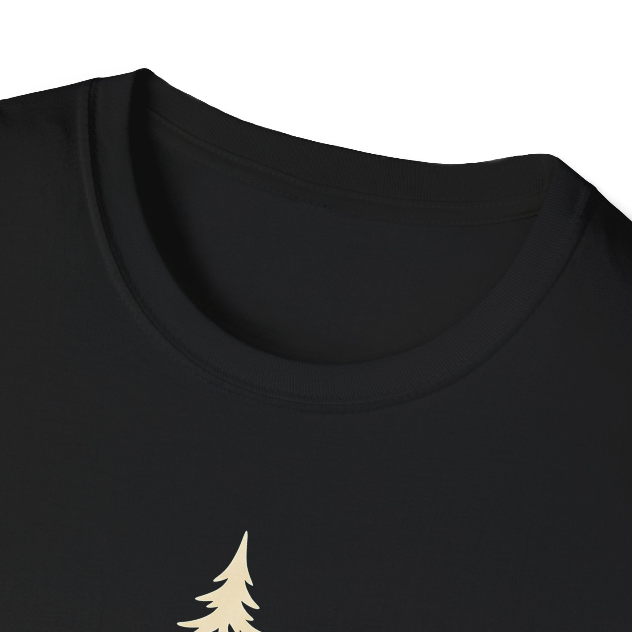 Black T-shirt neckline with small pine tree graphic detail at bottom