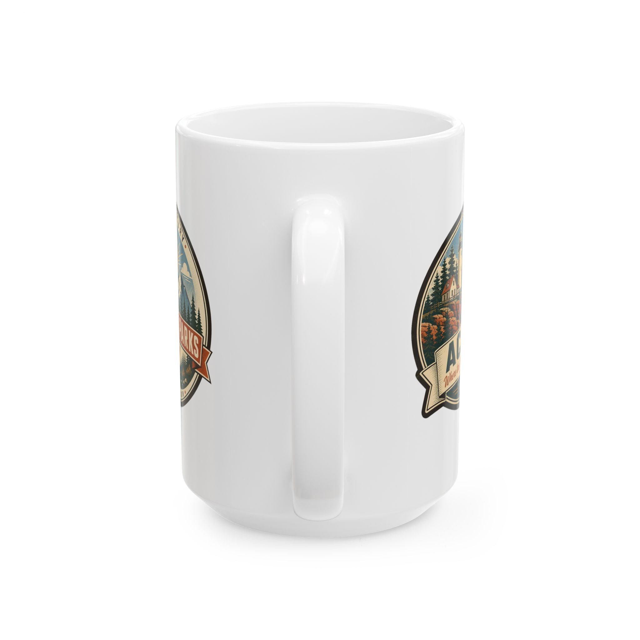 White ceramic coffee mug with side badge graphic and central vertical handle.