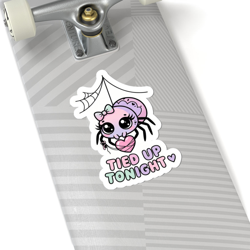 Kiss-cut sticker: pink spider with raised arms and bow, heart graphic, 'TIED UP TONIGHT'