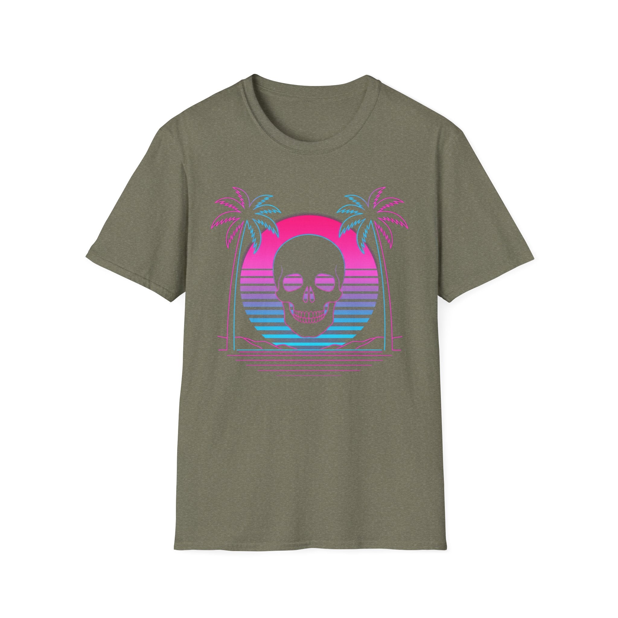 Olive green T-shirt with vaporwave skull graphic, palm trees and sunset arch design