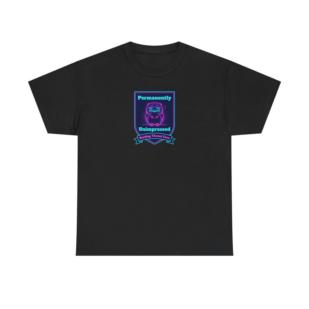 Black crewneck T-shirt with neon robot badge graphic centered on chest
