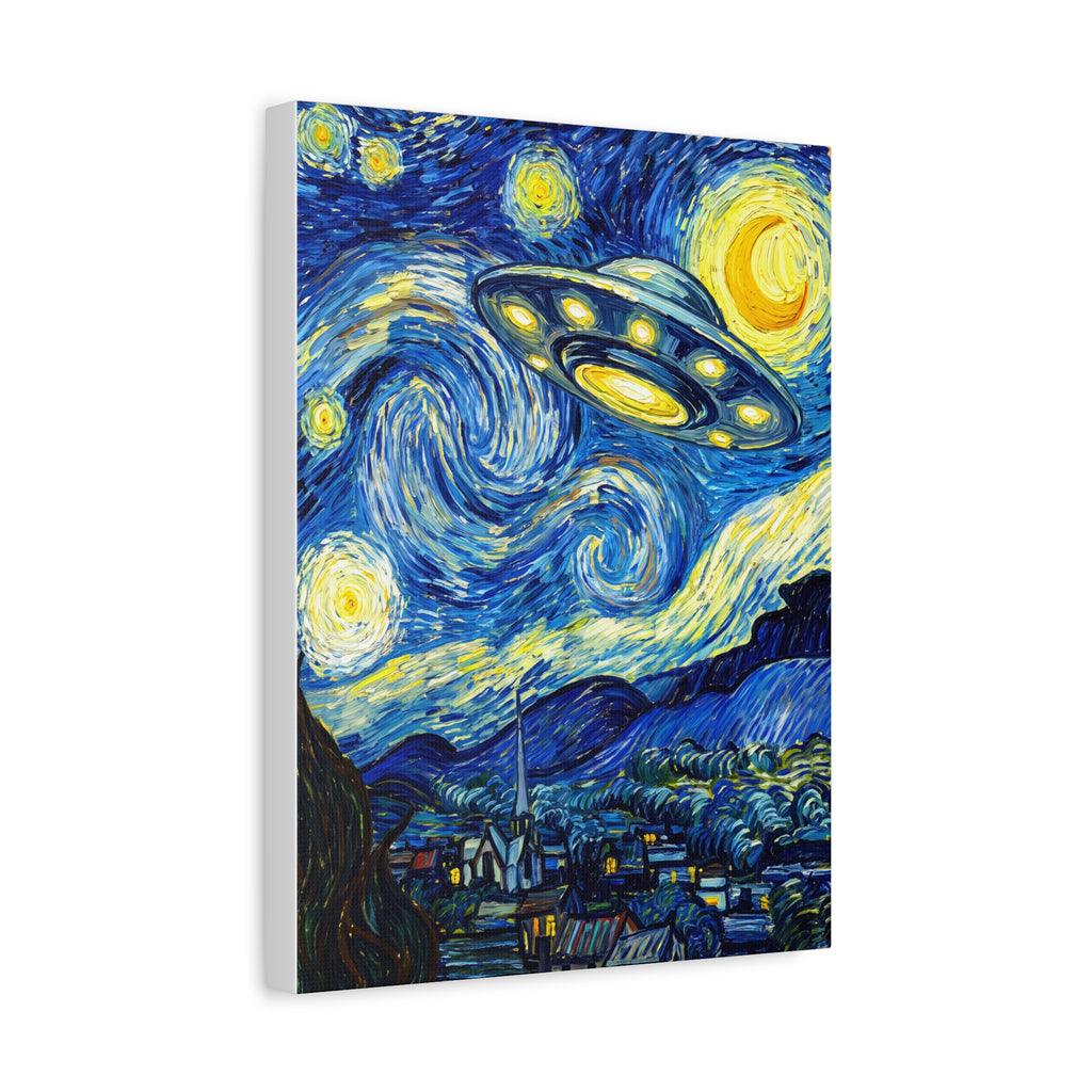 Starry UFO canvas wall art with glowing UFO above starry town and swirling blue sky