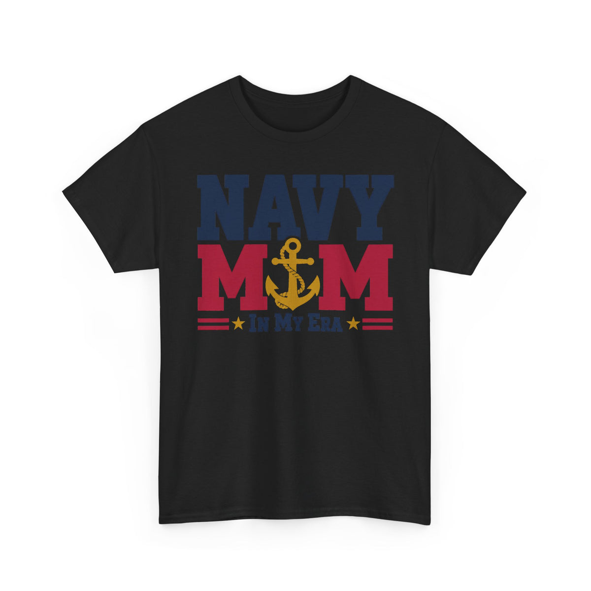 Black T-shirt with NAVY MOM in my era patriotic anchor graphic