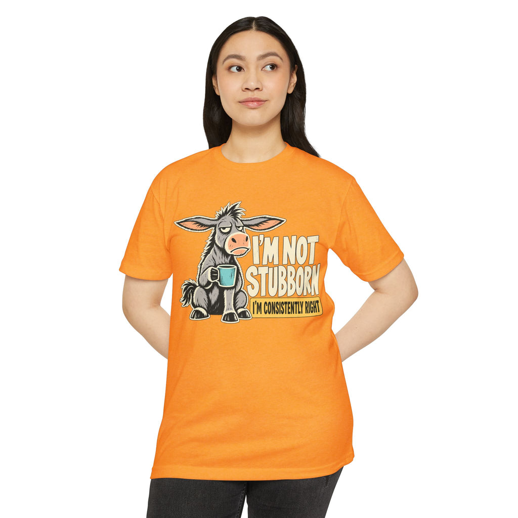 Orange crew-neck T-shirt with cartoon donkey coffee graphic on the front