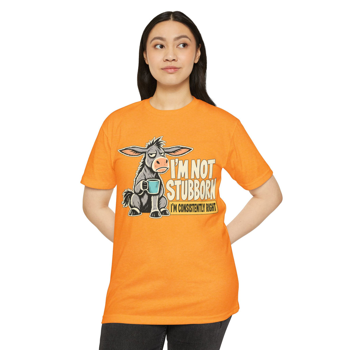 Orange crew-neck T-shirt with cartoon donkey coffee graphic on the front