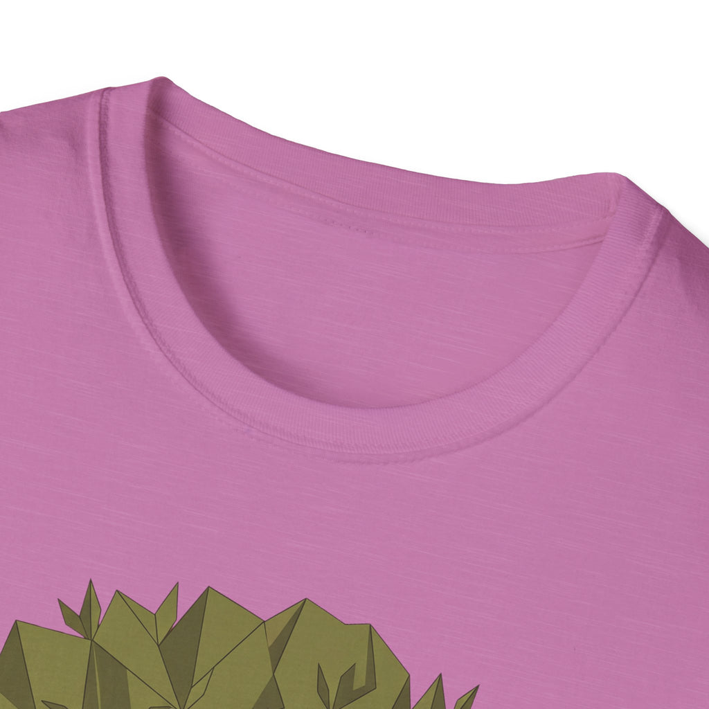 Twisted olive tree graphic T-shirt, magenta/pink, crew neck close-up