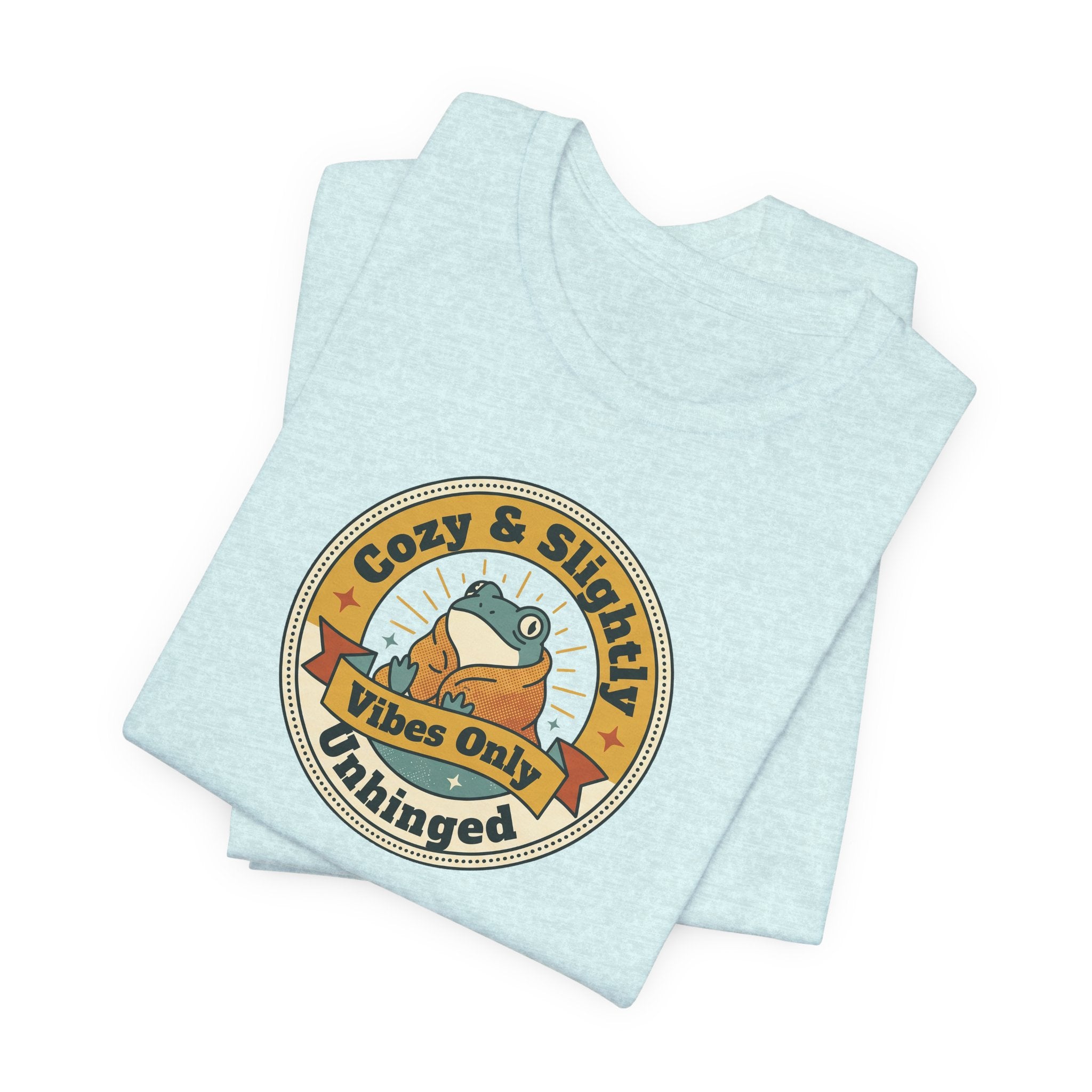 Light aqua T-shirt with round retro sloth logo graphic, stacked view