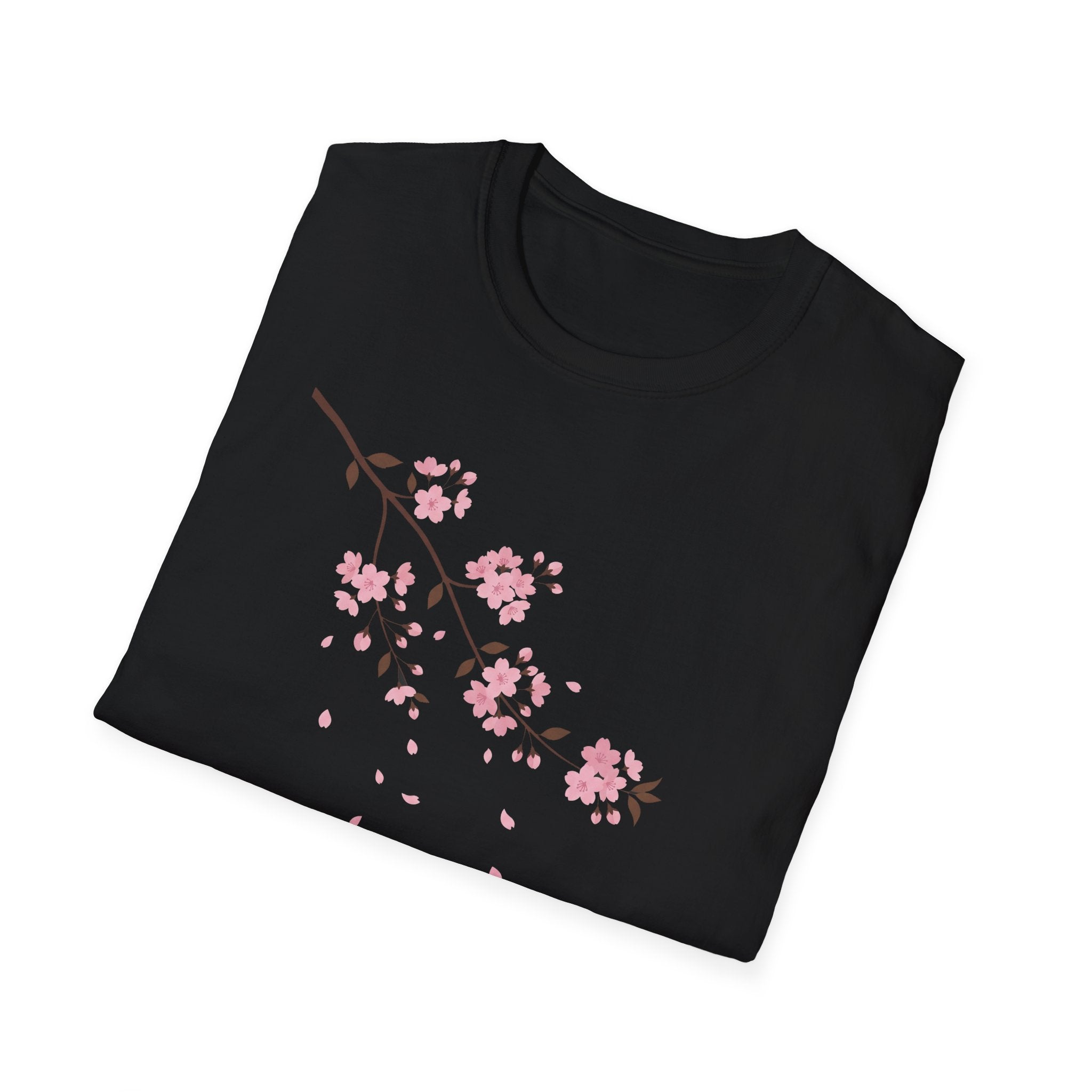 Black T-shirt with pink cherry blossom branch and falling petals print