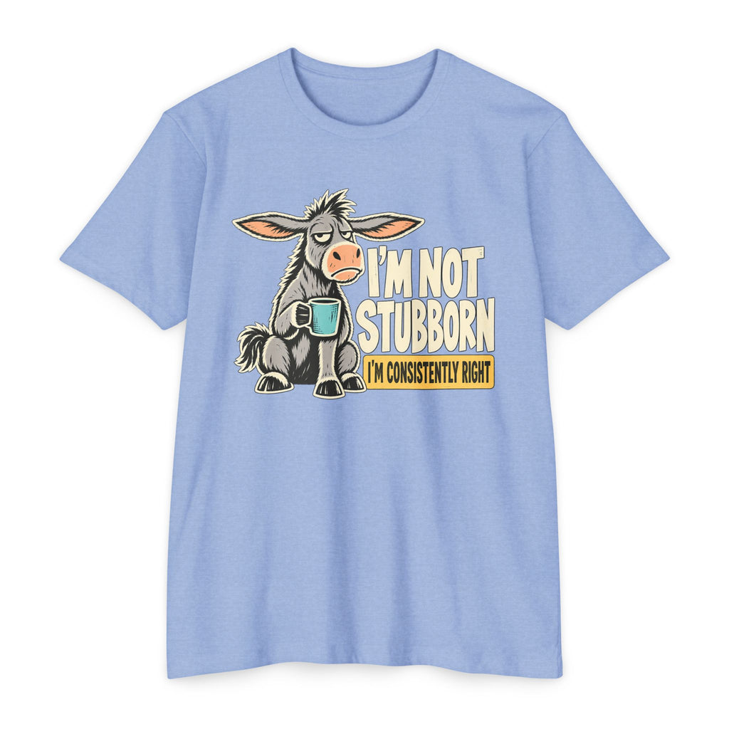 Powder blue crewneck graphic T-shirt with donkey holding a coffee mug; slogan “I’m not stubborn”
