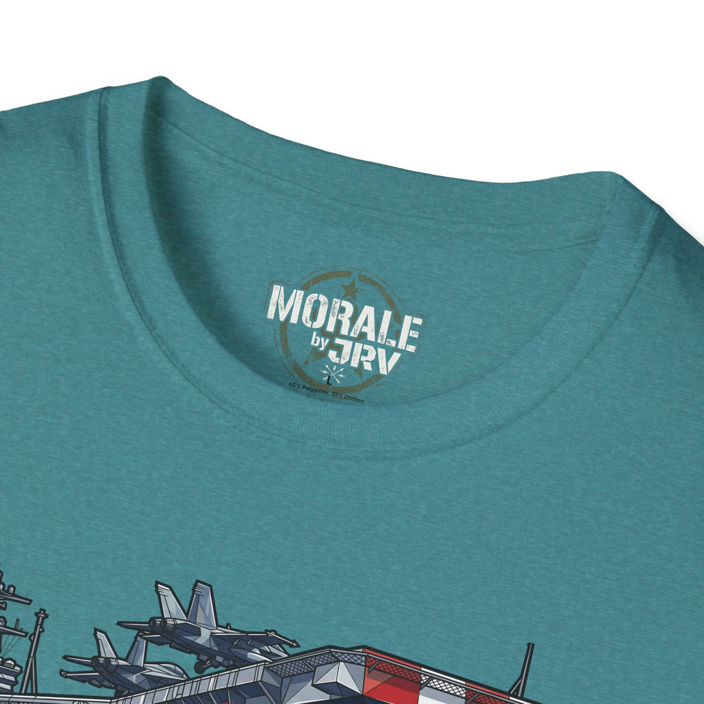 Teal T-shirt close-up: “MORALE by TRV” logo on the neckline