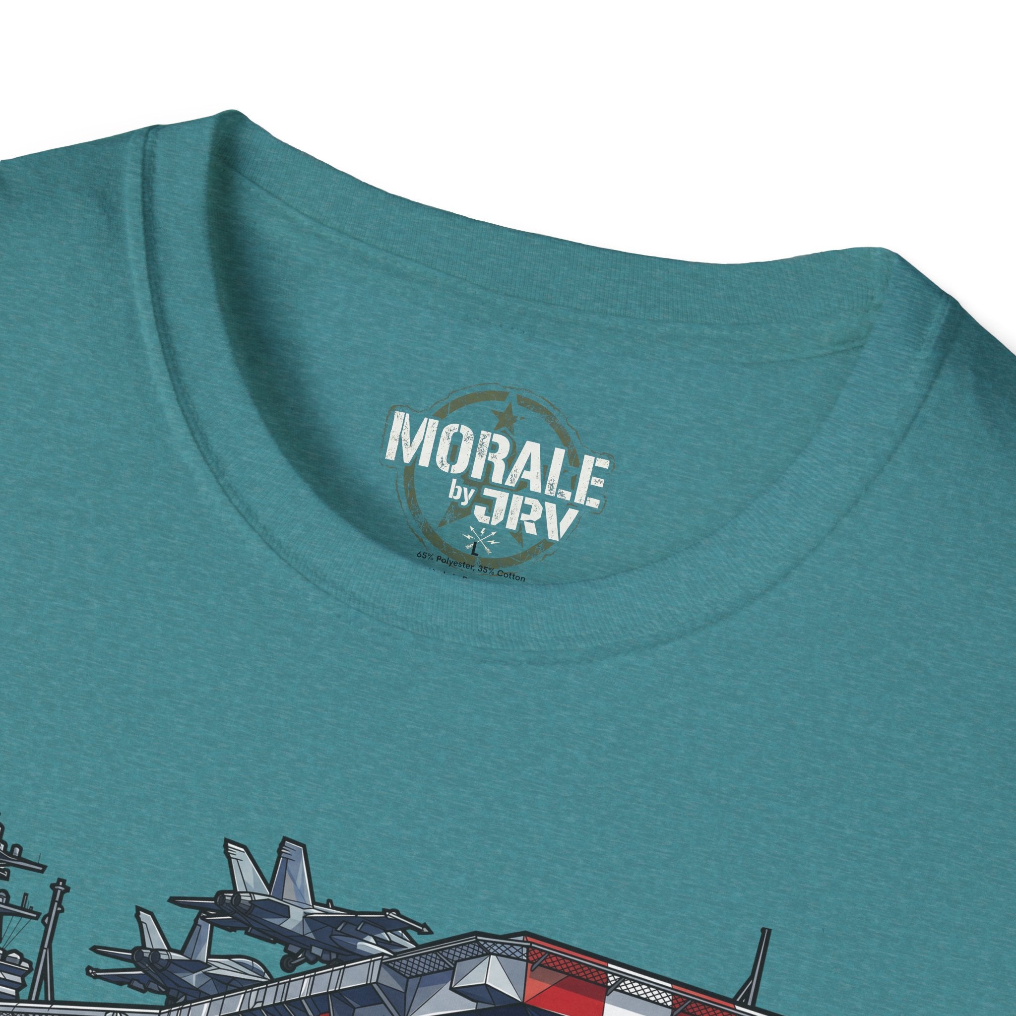 Teal T-shirt close-up: “MORALE by TRV” logo on the neckline
